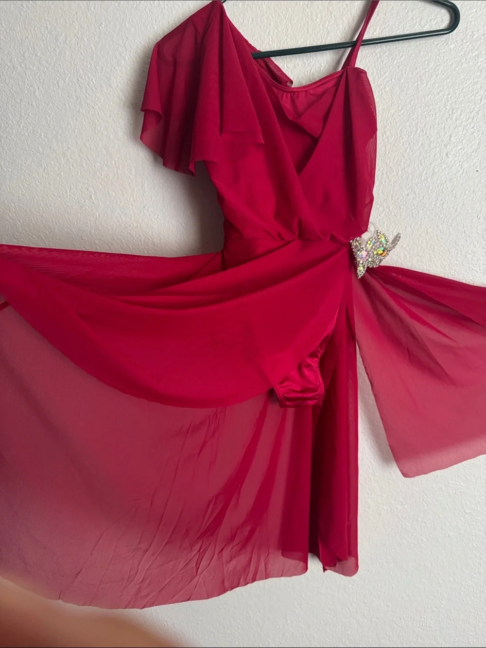 Weissman Red One-Shoulder Chiffon Dance Leotard Costume with Rhinestones Size CL